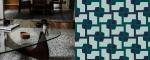 Cement tiles, Rails collection, Designed by Gwendoline Porte for Maison Bahya. RAILS 2 with midnight blue, celadon green and peacock green